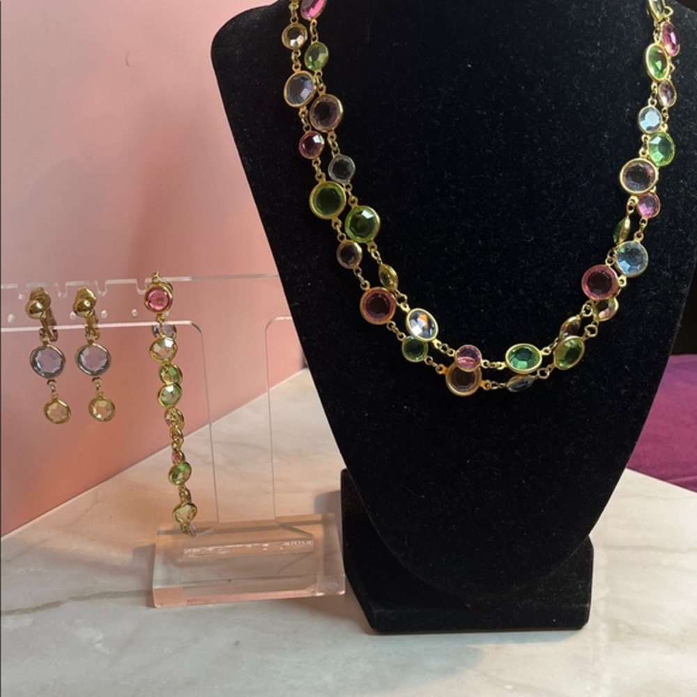 Vibrant Gold Multi-Color Glass Necklace, Earring & bracelet Set